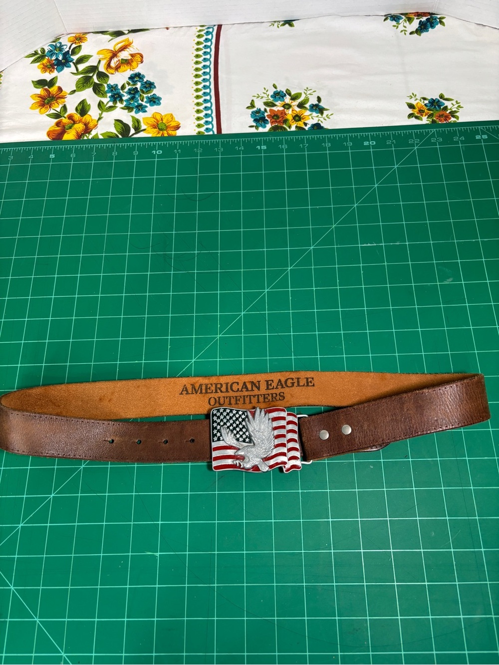 American Eagle Outfitters Brown Leather Belt American Flag Eagle Silver Buckle